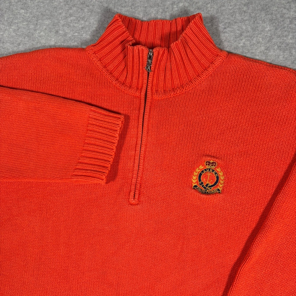 Vintage Lauren Ralph Lauren Quarter Zip Sweater Mens Large Orange Crest Logo